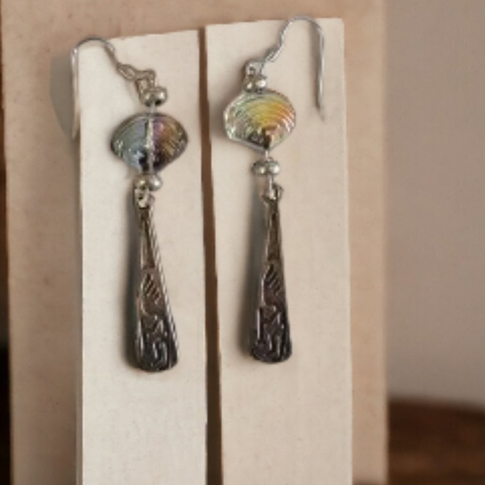 Silver with Iridescent‎ Beaded Kokopelli Earrings
